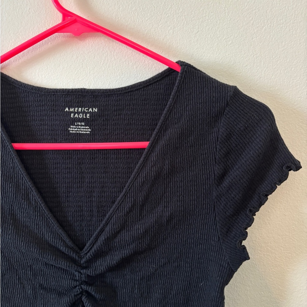 American Eagle Outfitters Ruched Cap Sleeve Ruffle Hem Shirt